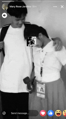 a black and white photo of a man and a woman with the words mary rose jaralbio 18m on the bottom