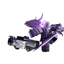 a purple robot with horns and wings is holding a sword and a sword .