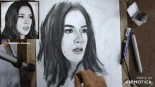 a black and white drawing of a woman 's face is made by animatica