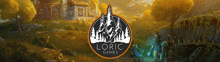 a logo for loric games with a picture of a castle in the background