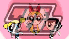 the powerpuff girls are standing next to each other in front of a pink background .