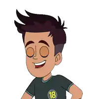 a cartoon boy wearing a black shirt with the number 18 on it