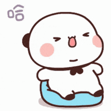 a cartoon panda bear is sitting on a blue pillow and making a funny face .