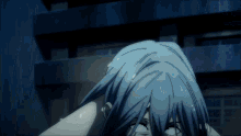 a cartoon character with blue hair and stitches on his face