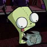 a cartoon character looking at a small fish bowl