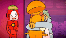 a cartoon character is hugging another character while a robot stands behind them