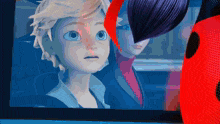 a boy and a ladybug are watching a cartoon on a screen .