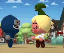a cartoon character with a x on his head stands next to another character