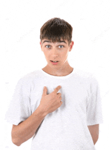 a young man in a white shirt is pointing at himself