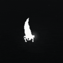 a white silhouette of a person is floating in the air on a black background .