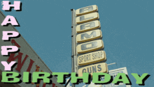 a man stands in front of a sign that says " happy birthday "