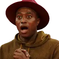 a man wearing a red hat and a green hoodie looks surprised