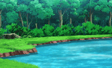 a painting of a river surrounded by trees in a forest