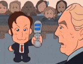 a cartoon of a man in a suit holding a flip phone