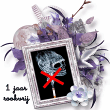 a framed picture of a skull with a cigarette crossed out and the words 1 jaar rookvrij below it