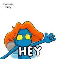 a blue fairy with orange hair is waving and wearing a shirt that says " hey "
