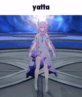 a girl with pink hair and a white dress is standing in front of a blue sky with the word yatta on the bottom