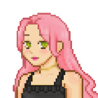 a pixel art illustration of a girl with pink hair and green eyes