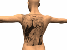 a man has a tattoo on his back of a man and woman