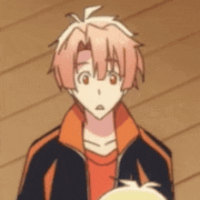 a cartoon character with pink hair is wearing an orange and black jacket