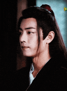 a close up of a man with long hair