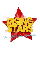 a red star with the words rising stars in gold letters
