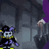 a pixel art of a person holding an umbrella with a jester in the background