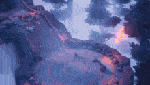 a purple background with a circle in the middle and trees in the background