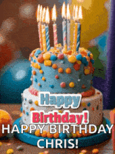 a birthday cake with candles on it and the words `` happy birthday chris ''