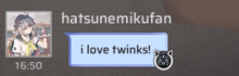 a screenshot of a chat between hatsunemikufan and i love twinks
