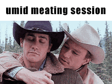 two men in cowboy hats hugging each other with the caption ' umid meating session ' above them