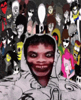 a group of cartoon characters are gathered around a man 's head