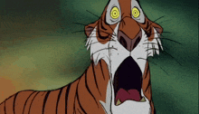 a close up of a cartoon tiger with yellow eyes