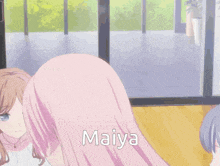 a pink haired anime girl with the name maiya written on her chest