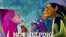 a group of cartoon characters are standing next to each other with the words " not helping " written on the bottom
