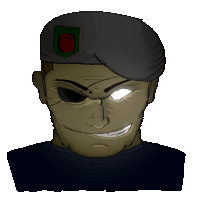 a drawing of a man wearing a black beret with a red badge on it