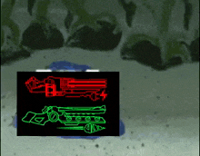 a red and green drawing of a gun is on a black background