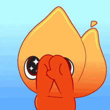 a cartoon drawing of a flame covering its face with a fist