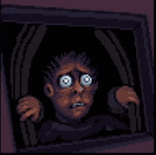 a pixel art of a man with blood on his eyes looking out of a window .