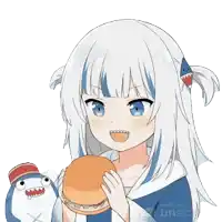 a girl eating a hamburger next to a stuffed shark