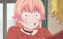 a girl with pink hair has a choker around her neck and a surprised look on her face