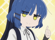 a girl with blue hair is giving a thumbs up sign