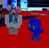 a cartoon character is standing on a red carpet next to a cartoon character that says geoooo