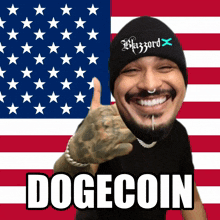 a man wearing a hazard beanie giving a thumbs up in front of an american flag that says dogecoin