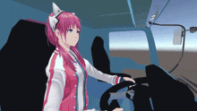 a girl with pink hair and white ears is driving a car