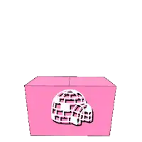 a penguin is in a pink box holding a birthday cake with candles