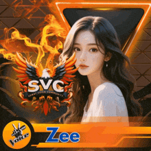 a picture of a woman with a svg logo in the background