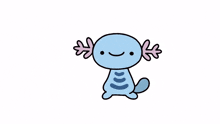 a cartoon drawing of a blue axolotl with pink ears .