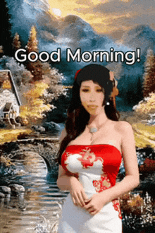 a woman in a red and white dress is standing in front of a painting and says good morning