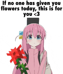 a girl with pink hair and blue eyes is holding a bouquet of flowers